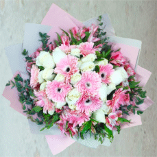 Ramo rosas blancas y gerberas rosa