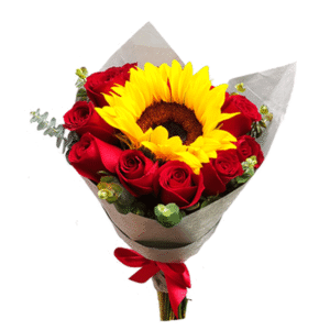 Ramo de 12 rosas rojas con minigirasol.